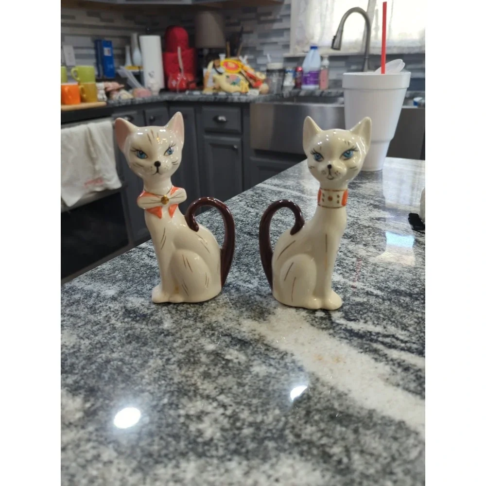 Vintage MCM Pair of Porcelain Cats Kitties Blue Eyes Tall Kitchy Long Tails